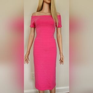 ZARA HOT PINK BODYCON OFF SHOULDERS MIDI DRESS SMALL